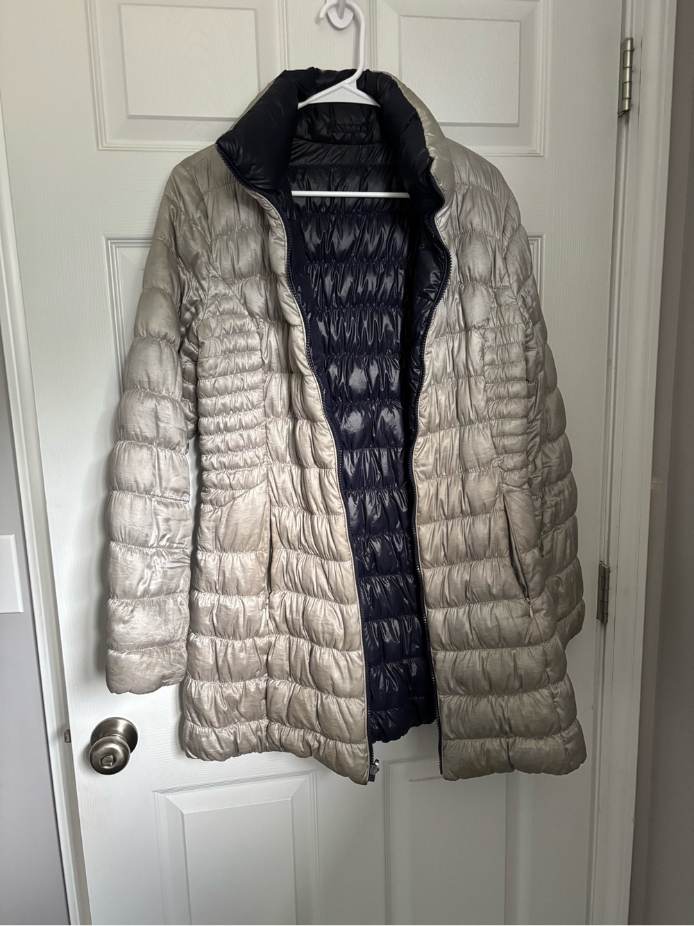 Women's Reversible Quilted Puffer Coat — Light Grey Outside and Navy Blue Inside